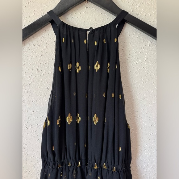 ALC Rosa Silk Black Gold‎ Metallic Halter Midi Length Dress 2 Asymmetric Ruffle - Picture 7 of 11